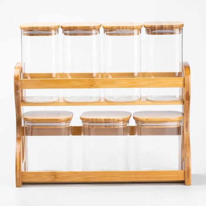 Набор емкостей для сыпучих продуктов с крышками на деревянной подставке 7 шт. (HP264) - изображение 1