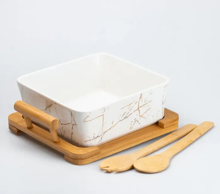 Блюдо для сервірування столу керамічне прямокутне з дерев'яними приладами та підставкою (HP270) - зображення 2