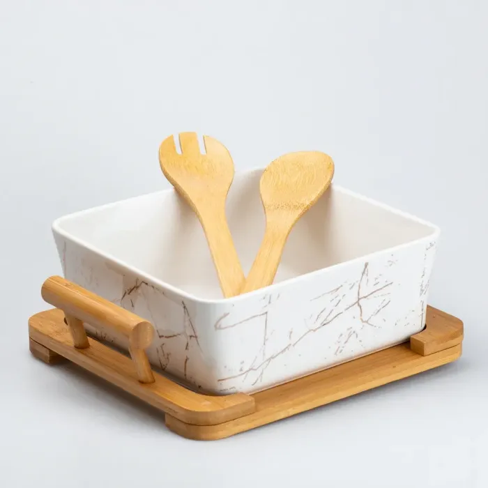 Блюдо для сервірування столу керамічне прямокутне з дерев'яними приладами та підставкою (HP270) - зображення 5