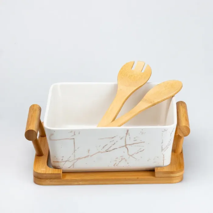 Блюдо для сервірування столу керамічне прямокутне з дерев'яними приладами та підставкою (HP270) - зображення 3