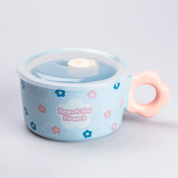 Чашка бульонница керамическая 750 мл с пластиковой крышкой "Цветок" Голубая супница миска для лапши (HP7200BL) - изображение 1