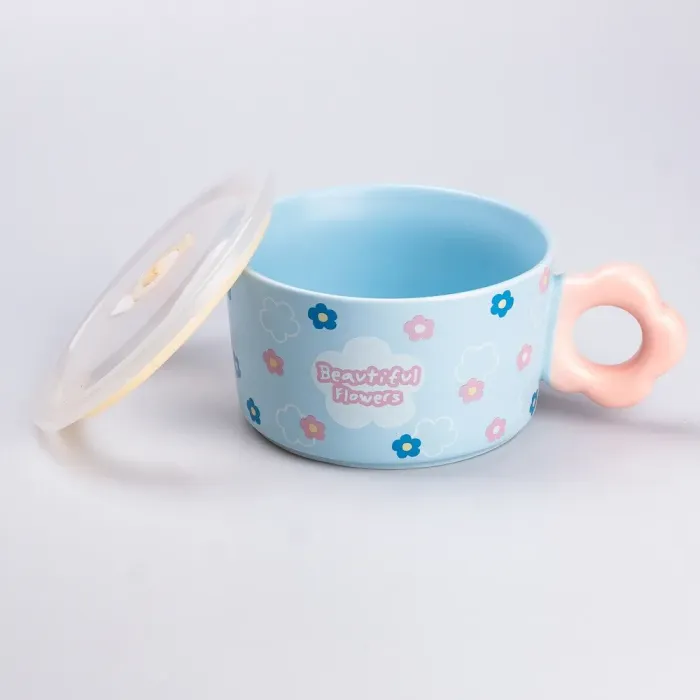 Чашка бульонница керамическая 750 мл с пластиковой крышкой "Цветок" Голубая супница миска для лапши (HP7200BL) - изображение 3