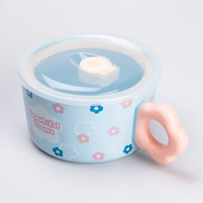 Чашка бульонница керамическая 750 мл с пластиковой крышкой "Цветок" Голубая супница миска для лапши (HP7200BL) - изображение 2