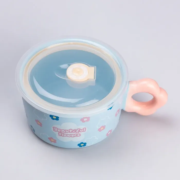Чашка бульонница керамическая 750 мл с пластиковой крышкой "Цветок" Голубая супница миска для лапши (HP7200BL) - изображение 4