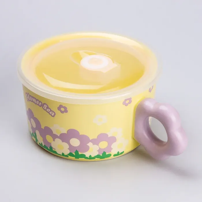 Чашка керамическая бульонница 750 мл с пластиковой крышкой "Цветок" Желтая супница миска для лапши (HP7200Y) - изображение 2