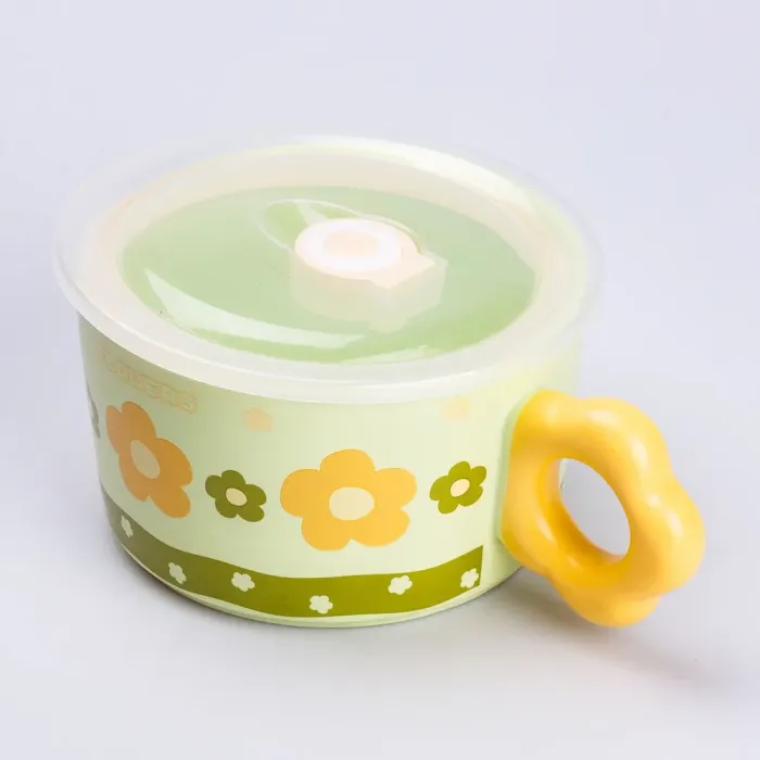 Чашка керамическая бульонница 750 мл с пластиковой крышкой "Цветок" Зеленая супница миска для лапши (HP7200GR) - изображение 2