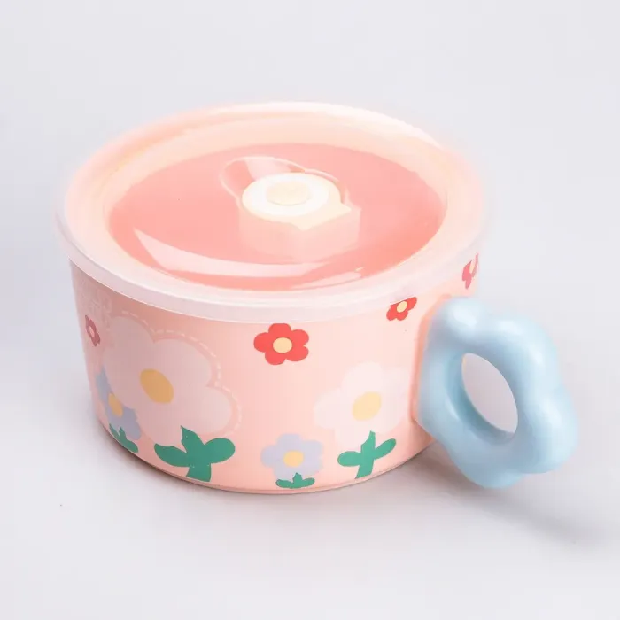 Чашка керамическая бульонница 750 мл с пластиковой крышкой "Цветок" Розовая супница миска для лапши (HP7200P) - изображение 4