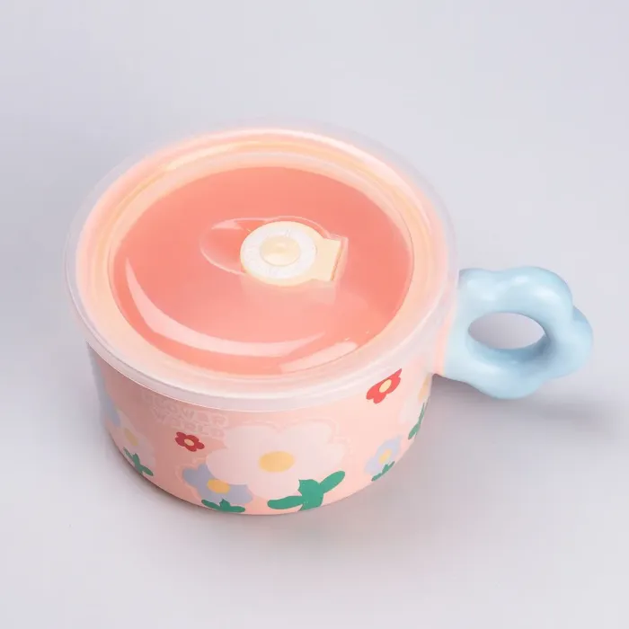 Чашка керамическая бульонница 750 мл с пластиковой крышкой "Цветок" Розовая супница миска для лапши (HP7200P) - изображение 2