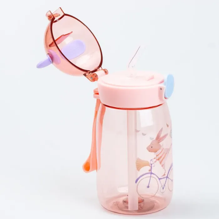 Детская бутылка для воды с трубочкой 500 мл с крышкой флип топ "Мишка" Розовая - изображение 2