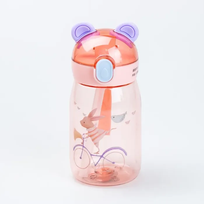 Детская бутылка для воды с трубочкой 500 мл с крышкой флип топ "Мишка" Розовая - изображение 1