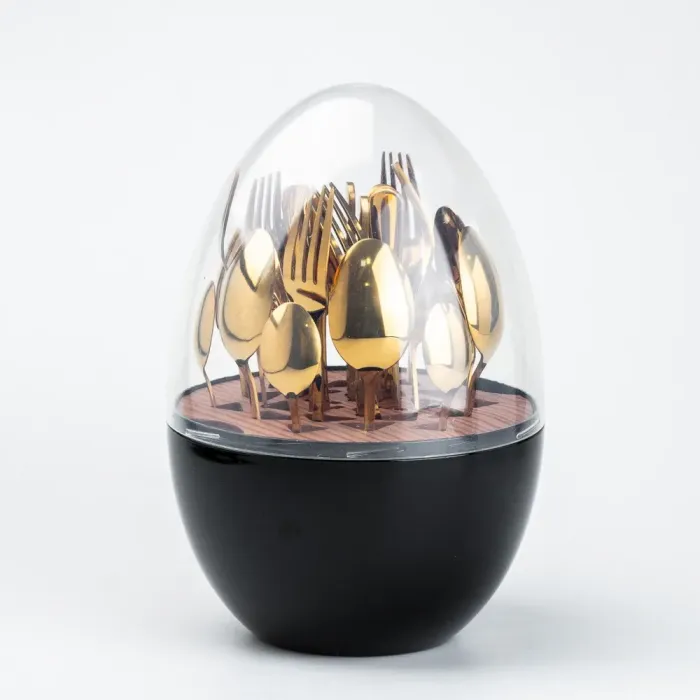 Набор столовых приборов на 6 персон из нержавеющей стали 24 штук золотых с подставкой "Яйцо" Черный (HP78810) - изображение 1