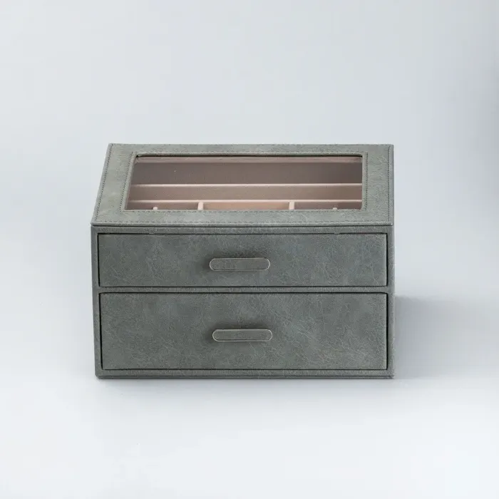 Скринька органайзер для прикрас біжутерії прямокутна на два яруси з екошкіри 24.5 х 17.5 х 14 см Сіра (HP47614S) - зображення 4