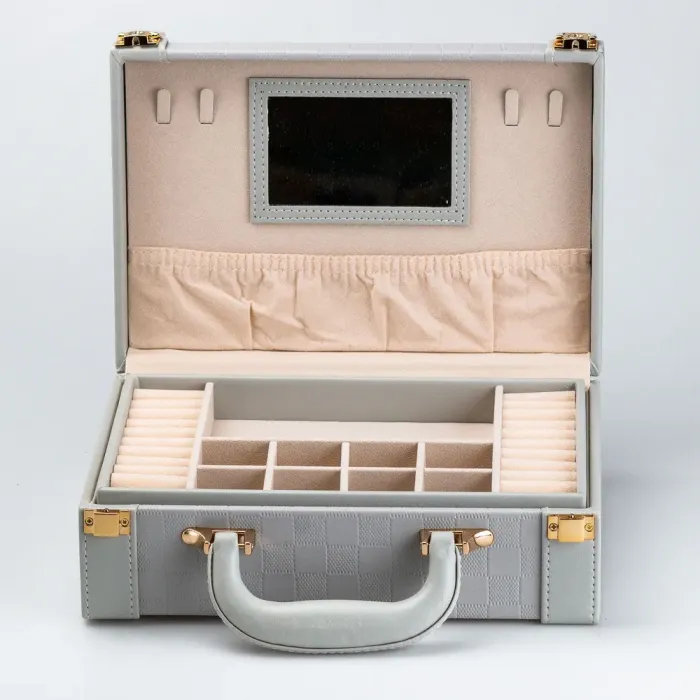 Скринька органайзер для прикрас біжутерії прямокутна 27 х 18.5 х 9 см з дзеркальцем валіза з екошкіри Сіра (HP47615S) - зображення 4