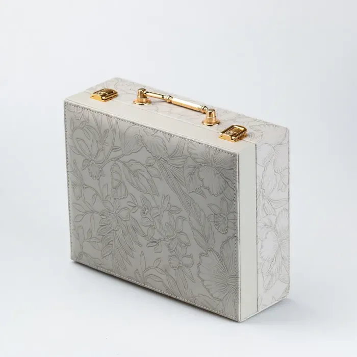 Скринька органайзер для прикрас біжутерії прямокутна з дзеркальцем валіза з екошкіри Сіра (HP47613G) - зображення 4