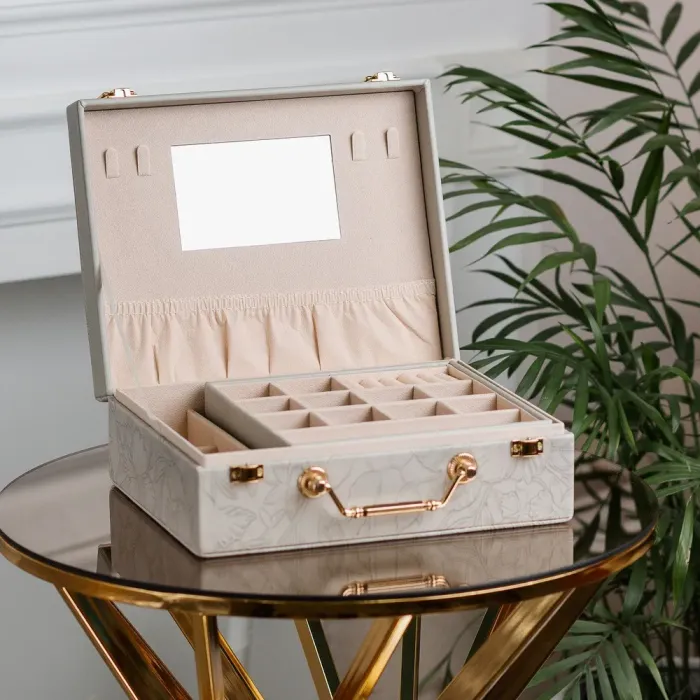 Скринька органайзер для прикрас біжутерії прямокутна з дзеркальцем валіза з екошкіри Сіра (HP47613G) - зображення 6