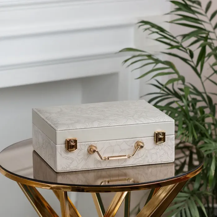 Скринька органайзер для прикрас біжутерії прямокутна з дзеркальцем валіза з екошкіри Сіра (HP47613G) - зображення 5