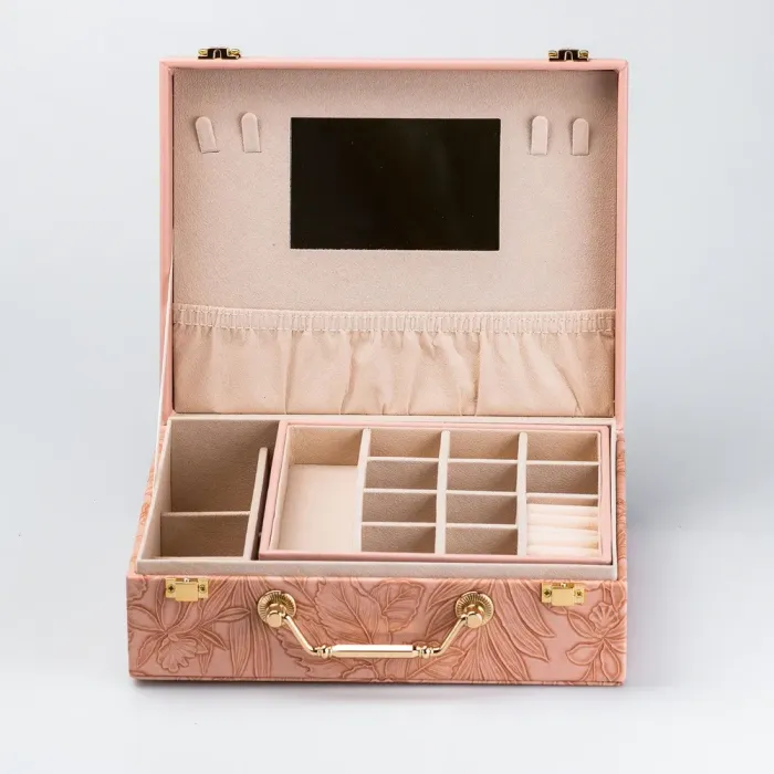 Скринька органайзер для прикрас біжутерії прямокутна з дзеркальцем валіза з екошкіри Рожева (HP47613P) - зображення 8