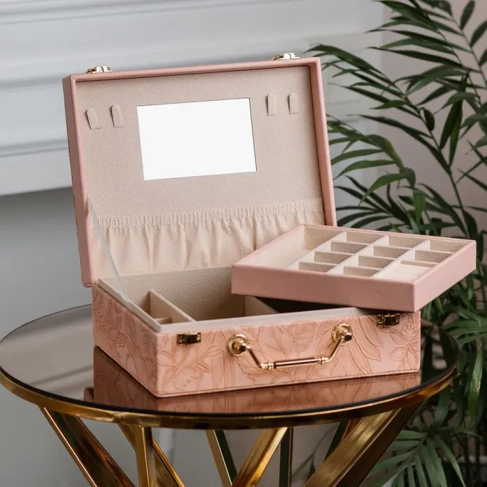 Скринька органайзер для прикрас біжутерії прямокутна з дзеркальцем валіза з екошкіри Рожева (HP47613P) - зображення 1