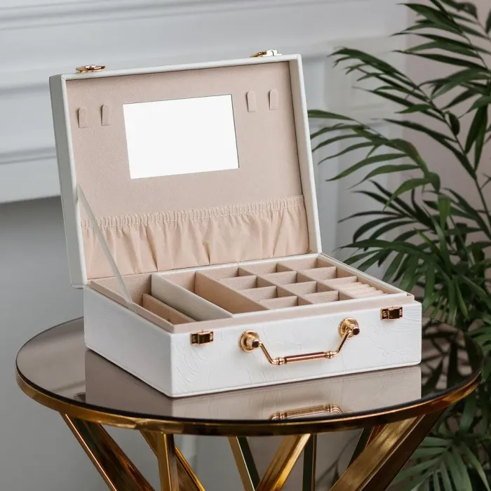 Скринька органайзер для прикрас біжутерії прямокутна з дзеркальцем валіза з екошкіри Біла (HP47613W) - зображення 3