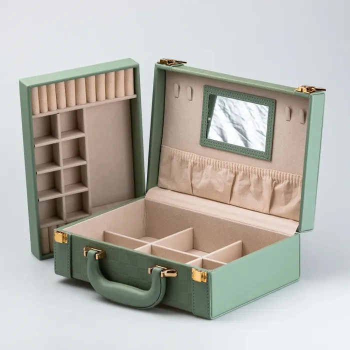 Скринька органайзер для прикрас біжутерії прямокутна 27 х 18.5 х 9 см з дзеркальцем валіза з екошкіри Оливкова (HP47615T) - зображення 5