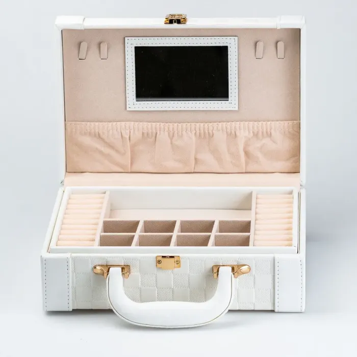 Ящик органайзер для украшений бижутерии прямоугольный 27 х 18.5 х 9 см с зеркальцем чемодан из экокожи Белый (HP47615W) - изображение 4