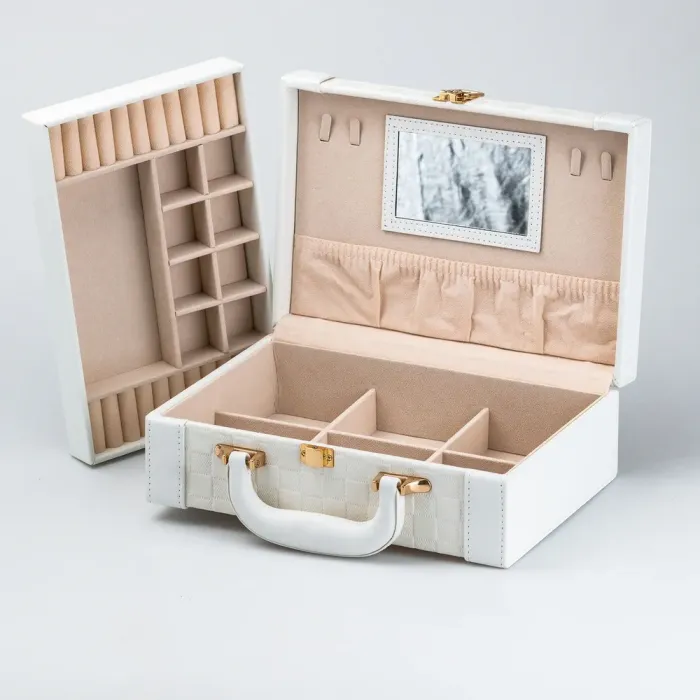 Ящик органайзер для украшений бижутерии прямоугольный 27 х 18.5 х 9 см с зеркальцем чемодан из экокожи Белый (HP47615W) - изображение 5