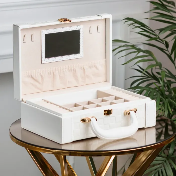 Ящик органайзер для украшений бижутерии прямоугольный 27 х 18.5 х 9 см с зеркальцем чемодан из экокожи Белый (HP47615W) - изображение 1