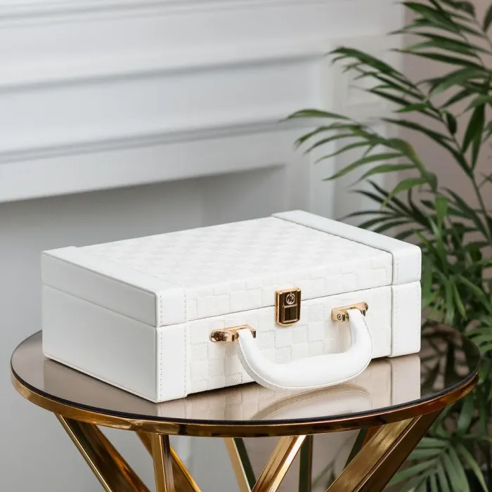 Ящик органайзер для украшений бижутерии прямоугольный 27 х 18.5 х 9 см с зеркальцем чемодан из экокожи Белый (HP47615W) - изображение 3