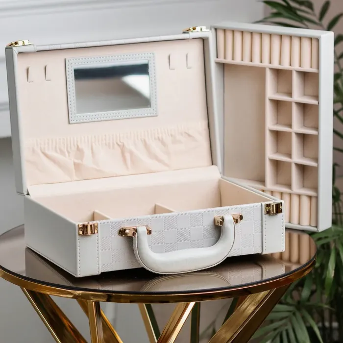 Скринька органайзер для прикрас біжутерії прямокутна 27 х 18.5 х 9 см з дзеркальцем валіза з екошкіри Сіра (HP47615S) - зображення 2