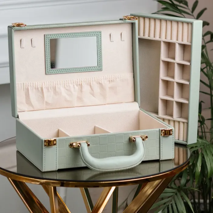 Скринька органайзер для прикрас біжутерії прямокутна 27 х 18.5 х 9 см з дзеркальцем валіза з екошкіри Оливкова (HP47615T) - зображення 2