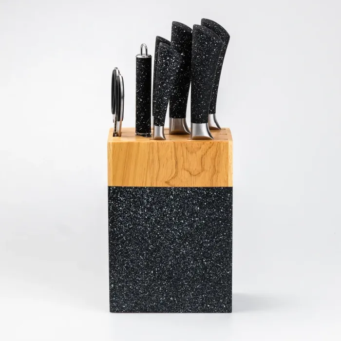 Набір кухонних ножів 5 штук ножиці мусат на підставці Чорний (HP27479B) - зображення 6