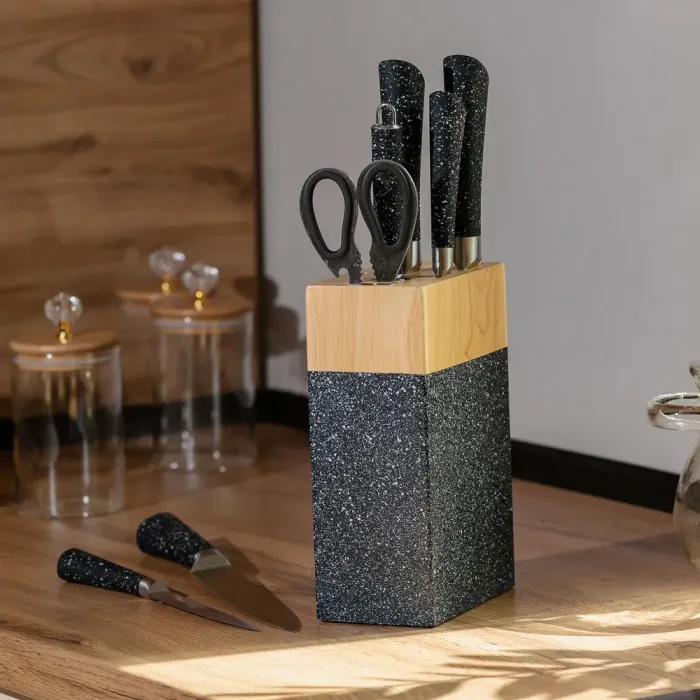 Набір кухонних ножів 5 штук ножиці мусат на підставці Чорний (HP27479B) - зображення 2