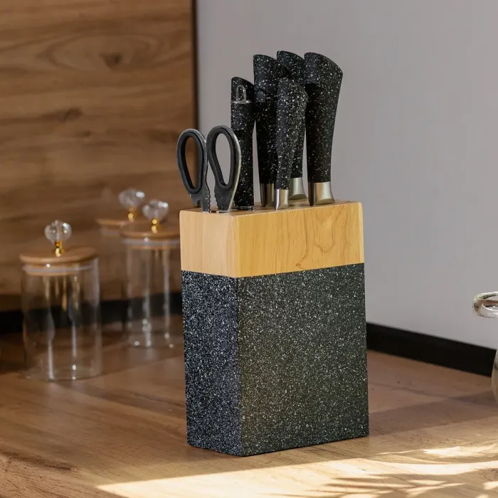 Набір кухонних ножів 5 штук ножиці мусат на підставці Чорний (HP27479B) - зображення 1