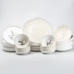 Столовий сервіз тарілок 24 штуки керамічних на 6 персон Бежевий клітинка квіти (HP23414)