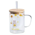 Чашка скляна з дерев'яною кришкою та трубочкою Написи (HP7214B)