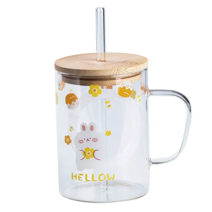 Чашка скляна з дерев'яною кришкою та трубочкою Написи (HP7214B) - изображение 1
