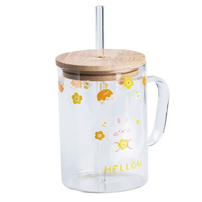 Чашка скляна з дерев'яною кришкою та трубочкою Написи (HP7214B) - изображение 2