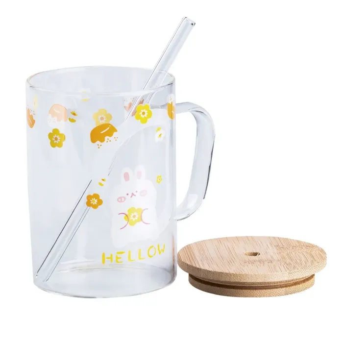 Чашка скляна з дерев'яною кришкою та трубочкою Написи (HP7214B) - изображение 3