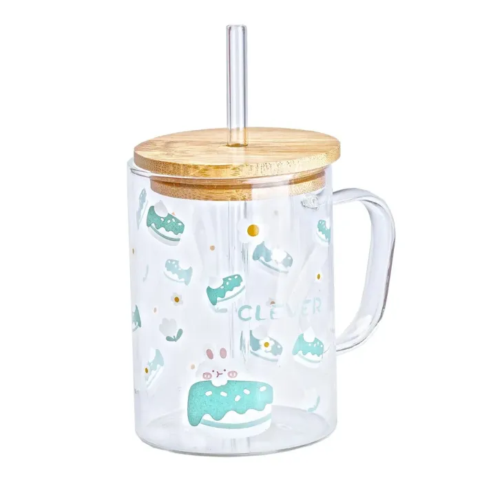 Чашка стеклянная с деревянной крышкой и трубочкой (HP7214A) - изображение 1