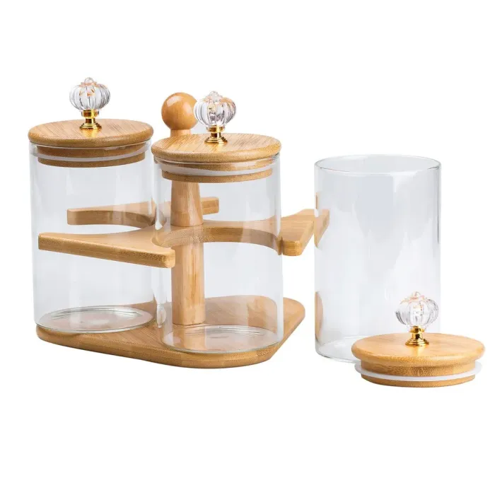 Банки для сипучих продуктів набір із 3 шт скляні на дерев'яній підставці (HP16293) - зображення 2