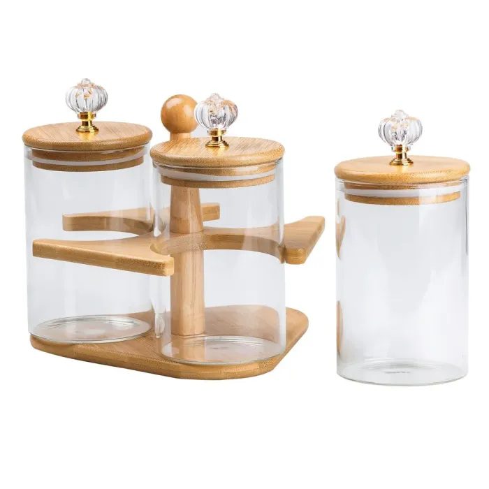 Банки для сипучих продуктів набір із 3 шт скляні на дерев'яній підставці (HP16293) - зображення 3