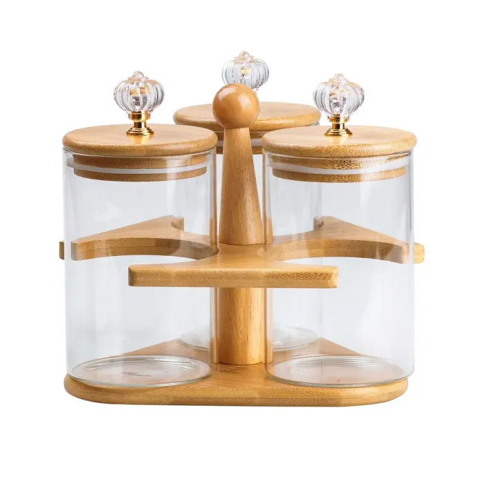 Банки для сипучих продуктів набір із 3 шт скляні на дерев'яній підставці (HP16293) - зображення 4