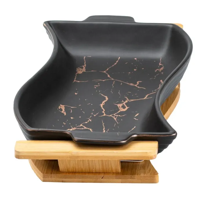 Керамічна страва на дерев'яній підставці для сервірування столу 39.5 х 20 х 6.5 см (HP20350B) - зображення 2