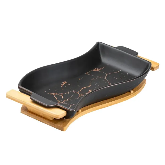 Керамічна страва на дерев'яній підставці для сервірування столу 39.5 х 20 х 6.5 см (HP20350B) - зображення 1