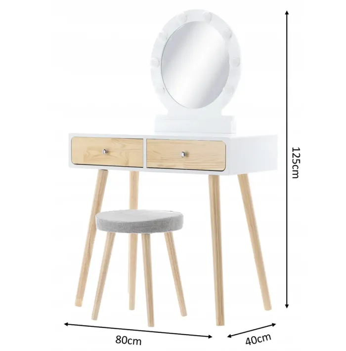 Туалетний косметичний столик з дзеркалом + LED підсвітка + стілець, 80x40x125см Польща (PHO1862) - зображення 5