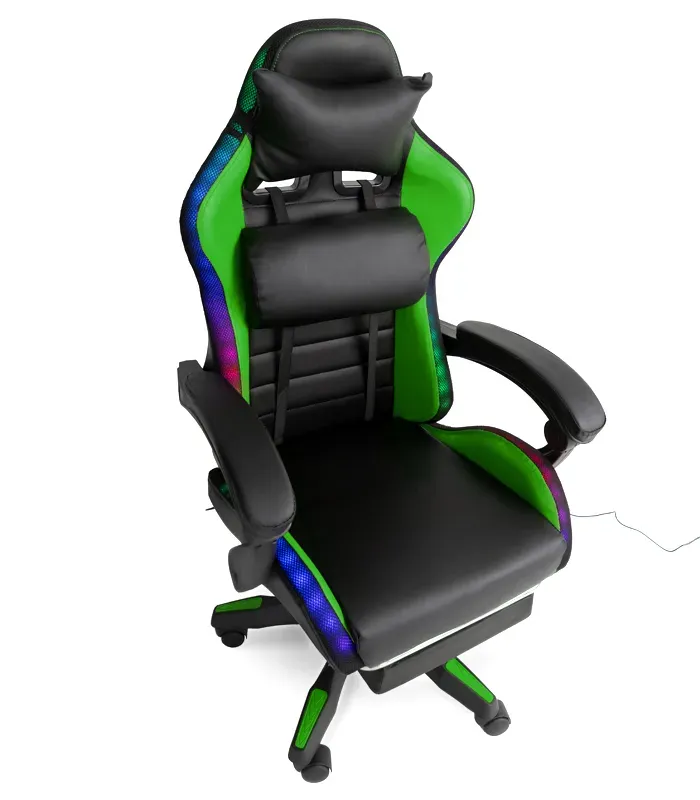 Геймерське крісло з RGB підсвіткою, подушками та висувною підставкою для ніг, Чорний/Зелений (G898) (G898) - изображение 2