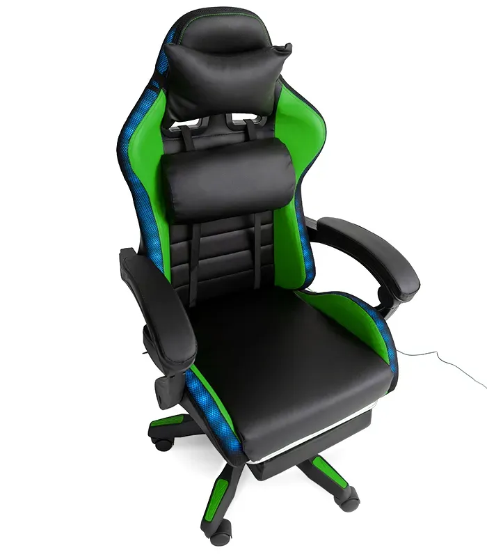 Геймерське крісло з RGB підсвіткою, подушками та висувною підставкою для ніг, Чорний/Зелений (G898) (G898) - изображение 3