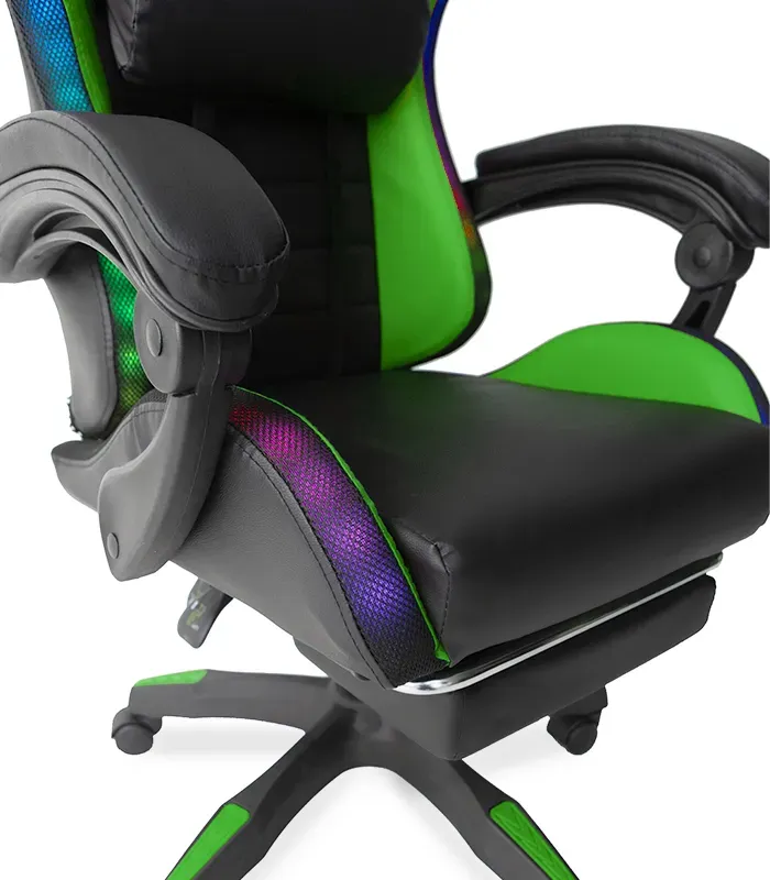 Геймерське крісло з RGB підсвіткою, подушками та висувною підставкою для ніг, Чорний/Зелений (G898) (G898) - изображение 9