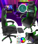 Геймерське крісло з RGB підсвіткою, подушками та висувною підставкою для ніг, Чорний/Зелений (G898) (G898)