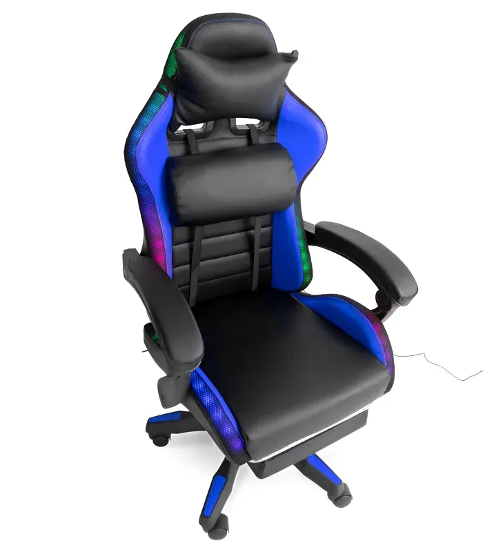Геймерське крісло з RGB підсвіткою, подушками та висувною підставкою для ніг, Чорний/Синій (G897) (G897) - изображение 3